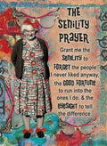 Colorful vintage-style art magnet featuring a smiling older woman with glasses and a red bow, accompanied by the humorous text 'The Senility Prayer: Grant me the Senility to FORGET the people I never liked anyway, the GOOD FORTUNE to run into the ones I do, & the eYeSIGHT to tell the difference.' Perfect funny magnet gift for grandmothers and older women.