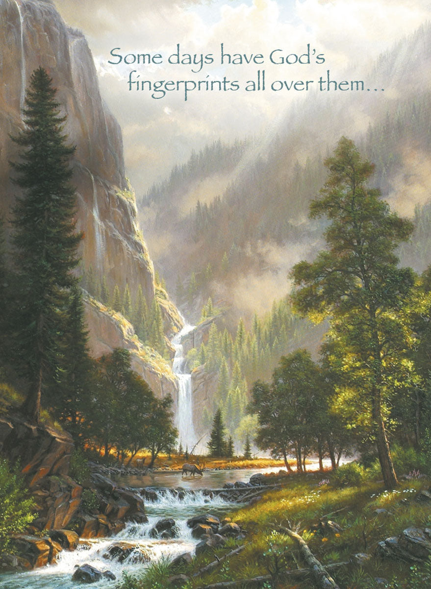 Inspirational religious magnet featuring a majestic natural landscape with a multi-tiered waterfall, a winding river, dense evergreen forests, and misty mountains. A deer grazes by the water, conveying peace and divine beauty. The text 'Some days have God's fingerprints all over them...' is prominently displayed, making it a perfect Christian gift or spiritual home decor accent.
