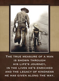 Sepia-toned magnet depicting a cowboy father and young son walking hand-in-hand down a road, both holding ropes, with an inspirational quote about a man's legacy of kindness.