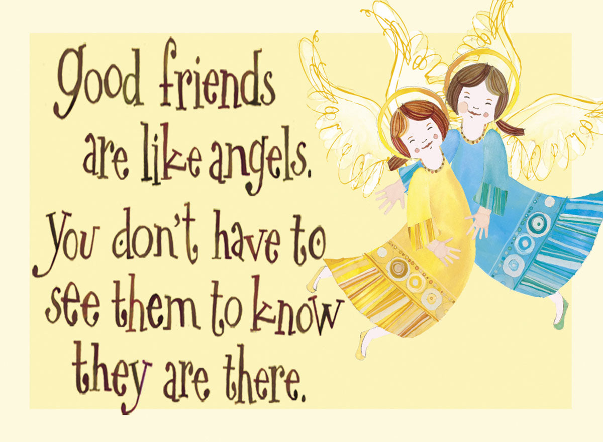 Friendship magnet featuring two smiling cartoon angels in yellow and blue, with halos and golden wings, embracing, alongside the quote 'Good friends are like angels. You don't have to see them to know they are there.' on a light yellow background.
