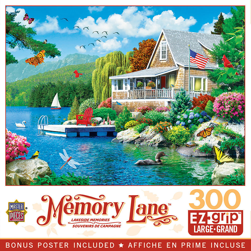 Memory Lane 300-piece EZ-grip jigsaw puzzle box featuring a picturesque lakeside cottage with an American flag, vibrant flowers, butterflies, a floating dock, swan, sailboat, and tranquil natural scenery, including a bonus poster.