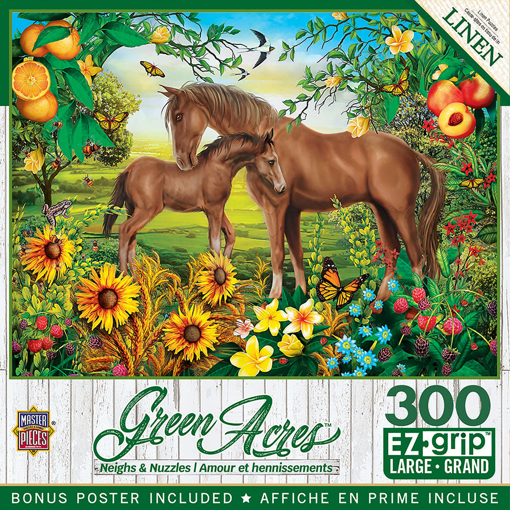 Lush nature puzzle featuring a brown mare and her foal in a sunny field with vibrant sunflowers, red berries, oranges, and colorful butterflies. 300 EZ-Grip large pieces, ideal for adults and families. MasterPieces 'Green Acres' jigsaw puzzle.