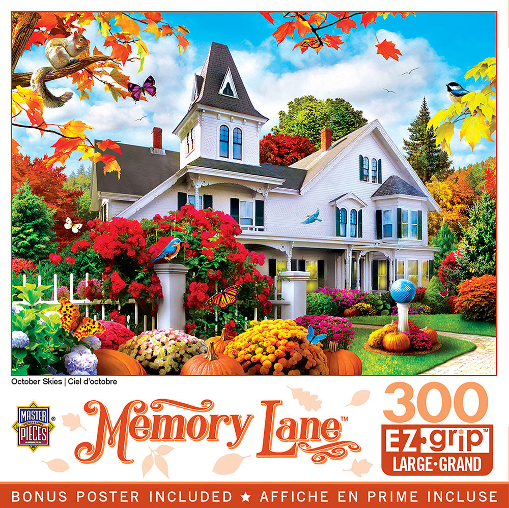 300-piece EZ-grip jigsaw puzzle depicting a charming white Victorian house with a spire, surrounded by vibrant autumn foliage, red mums, yellow chrysanthemums, pumpkins, a squirrel on a tree branch, and bluebirds, under a bright blue sky.
