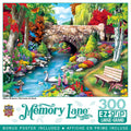 Vibrant 300-piece MasterPieces Memory Lane jigsaw puzzle featuring a serene natural landscape. The image shows a stone arch bridge spanning a winding blue river, surrounded by lush, colorful gardens with various flowers, trees, a pair of white swans, butterflies, and birds like a red cardinal and bluebird. A wooden bench sits on a grassy path, inviting relaxation. Ideal for adults seeking a picturesque, easy-grip puzzle.