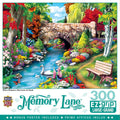 Vibrant 'Memory Lane' 300-piece EZ-grip jigsaw puzzle featuring a serene garden with a stone bridge, flowing stream, white swans, diverse flowers, butterflies, and birds, complete with bonus poster for nature lovers and relaxation.