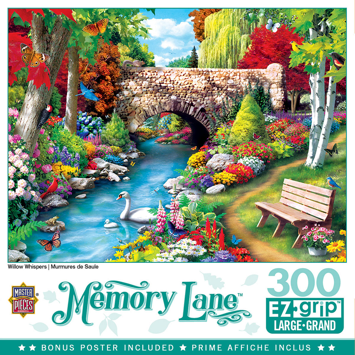 Vibrant 'Memory Lane' 300-piece EZ-grip jigsaw puzzle featuring a serene garden with a stone bridge, flowing stream, white swans, diverse flowers, butterflies, and birds, complete with bonus poster for nature lovers and relaxation.