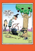 Funny cartoon greeting card depicting a green-faced witch crashed under a tree with a broken broom and smartphone. Another witch-like character exclaims 'She was driving while hex-ting.' A tree with red fruits and a male, scarecrow-like character watch. Ideal for sending humorous Halloween wishes.
