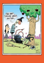 Funny cartoon greeting card depicting a green-faced witch crashed under a tree with a broken broom and smartphone. Another witch-like character exclaims 'She was driving while hex-ting.' A tree with red fruits and a male, scarecrow-like character watch. Ideal for sending humorous Halloween wishes.