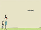 Inside of a humorous greeting card with a simple beige background, showing the two standing cartoon characters from the front cover in the bottom left, and a cheerful ':-) Halloween!' message in the top right, ready for personal notes.