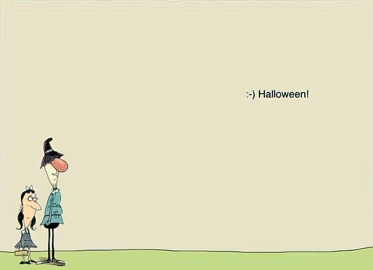 Inside of a humorous greeting card with a simple beige background, showing the two standing cartoon characters from the front cover in the bottom left, and a cheerful ':-) Halloween!' message in the top right, ready for personal notes.