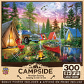 Vibrant 300-piece MasterPieces Campside Moonlight Camping EZ-grip jigsaw puzzle featuring a serene outdoor scene with illuminated tents, an SUV, a warm campfire, a red canoe by a stream, wildlife including deer and ducks, and birds flying under a full moon in a colorful twilight sky. Perfect for adults, families, and puzzle enthusiasts.