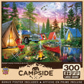 MasterPieces Campside Moonlight Camping 300-piece EZ-grip puzzle box featuring a vibrant and detailed camping scene. The image depicts multiple illuminated tents, a vintage SUV, a crackling campfire, a red canoe on a reflective lake, a deer, and birds flying under a full moon and a colorful twilight sky filled with pink and purple hues. The puzzle box indicates '300 EZ-grip Large-Grand' and 'Bonus Poster Included'.