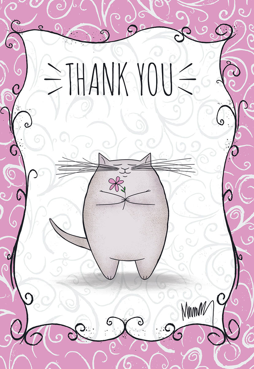 Gray Cat Holding Pink Flower Thank You Card