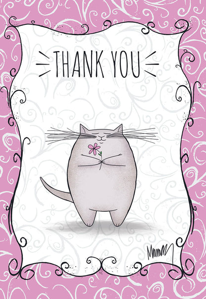 Gray Cat Holding Pink Flower Thank You Card