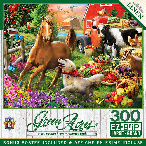 Vibrant 300-piece 'Green Acres: Best Friends' farm puzzle featuring a horse, golden retriever, cow, goat, and chickens amidst wildflowers, fresh produce, a red barn, and vintage truck.