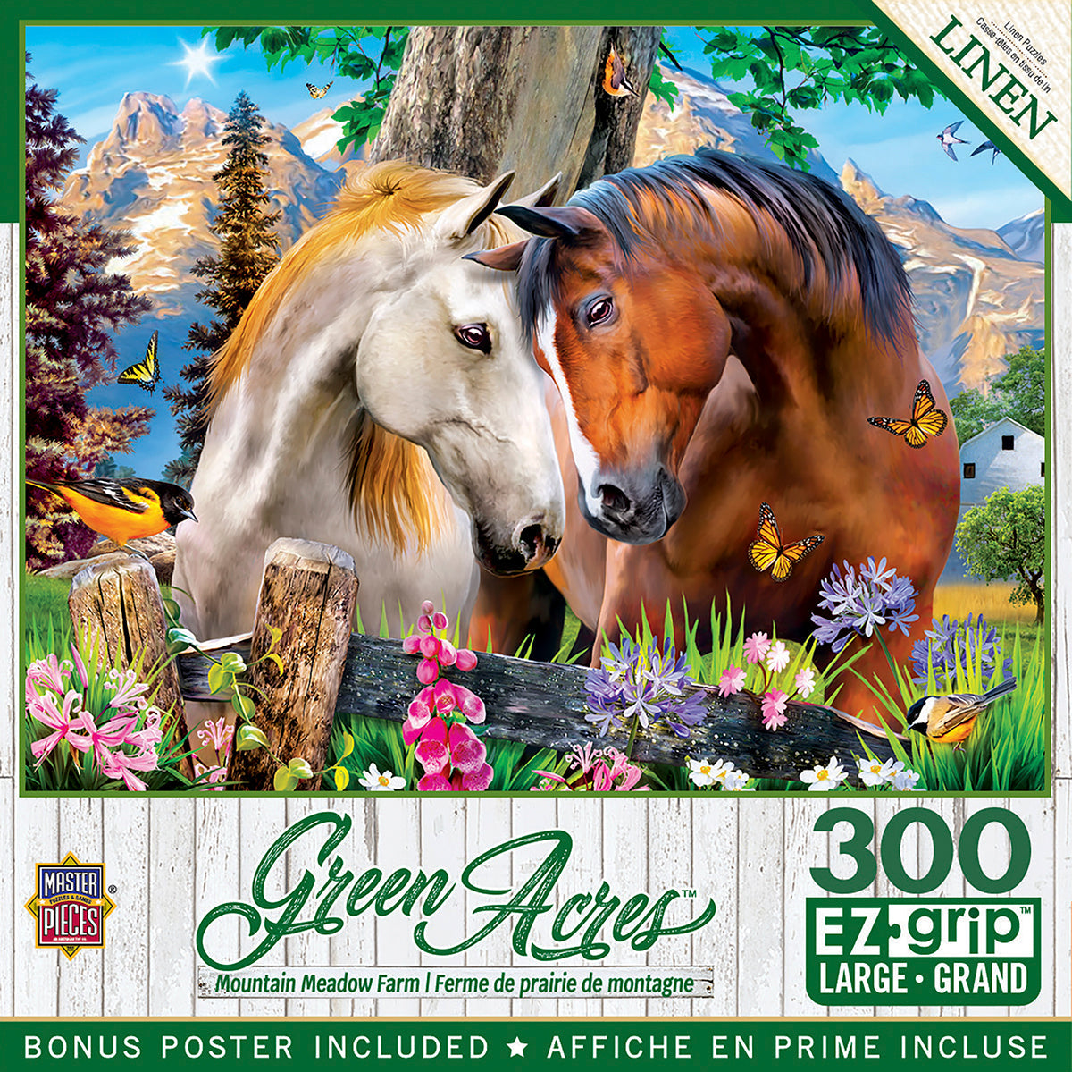 300 piece MasterPieces Green Acres EZ-grip large print puzzle featuring two majestic horses, a white palomino and a brown bay, standing nose-to-nose in a vibrant mountain meadow filled with colorful wildflowers, butterflies, and birds, under a bright blue sky. Perfect for nature lovers and puzzle enthusiasts.