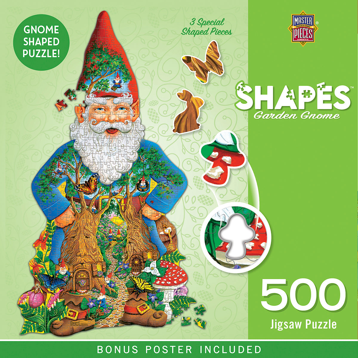 MasterPieces 500-piece 'Shapes Garden Gnome' jigsaw puzzle. Features a large, colorful gnome shape with intricate nature and forest path illustrations, including special butterfly, rabbit, and mushroom shaped pieces. Includes bonus poster for assembly.