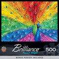 Vibrant MasterPieces 500-piece 'Brilliance: Peacock Delight' jigsaw puzzle featuring a majestic peacock with iridescent rainbow tail feathers fanned out, ideal for puzzle enthusiasts and bird lovers.