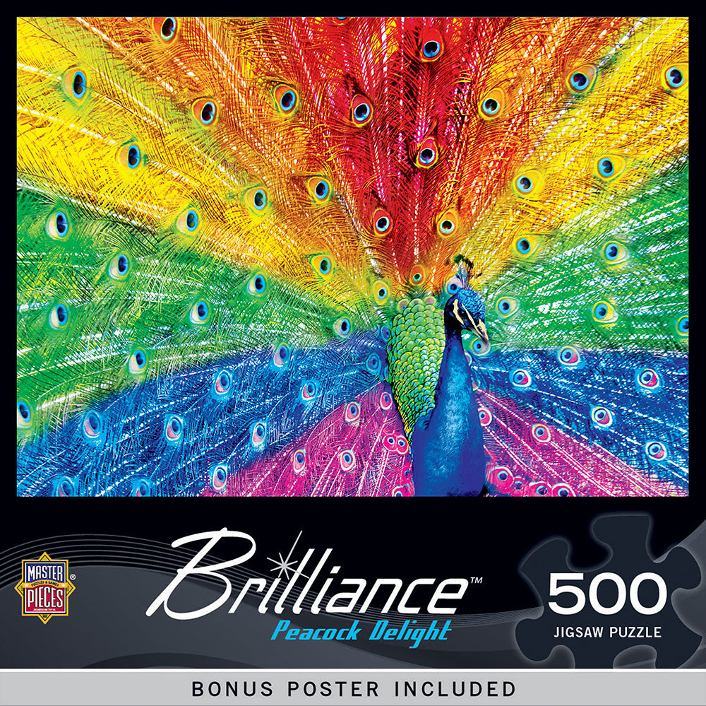 Vibrant MasterPieces 500-piece 'Brilliance: Peacock Delight' jigsaw puzzle featuring a majestic peacock with iridescent rainbow tail feathers fanned out, ideal for puzzle enthusiasts and bird lovers.