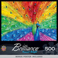 Vibrant MasterPieces Brilliance 500-piece jigsaw puzzle featuring a majestic peacock with a fully fanned, rainbow-colored tail, perfect for puzzle enthusiasts.