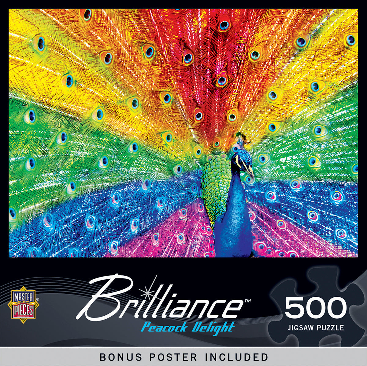 Vibrant MasterPieces Brilliance 500-piece jigsaw puzzle featuring a majestic peacock with a fully fanned, rainbow-colored tail, perfect for puzzle enthusiasts.