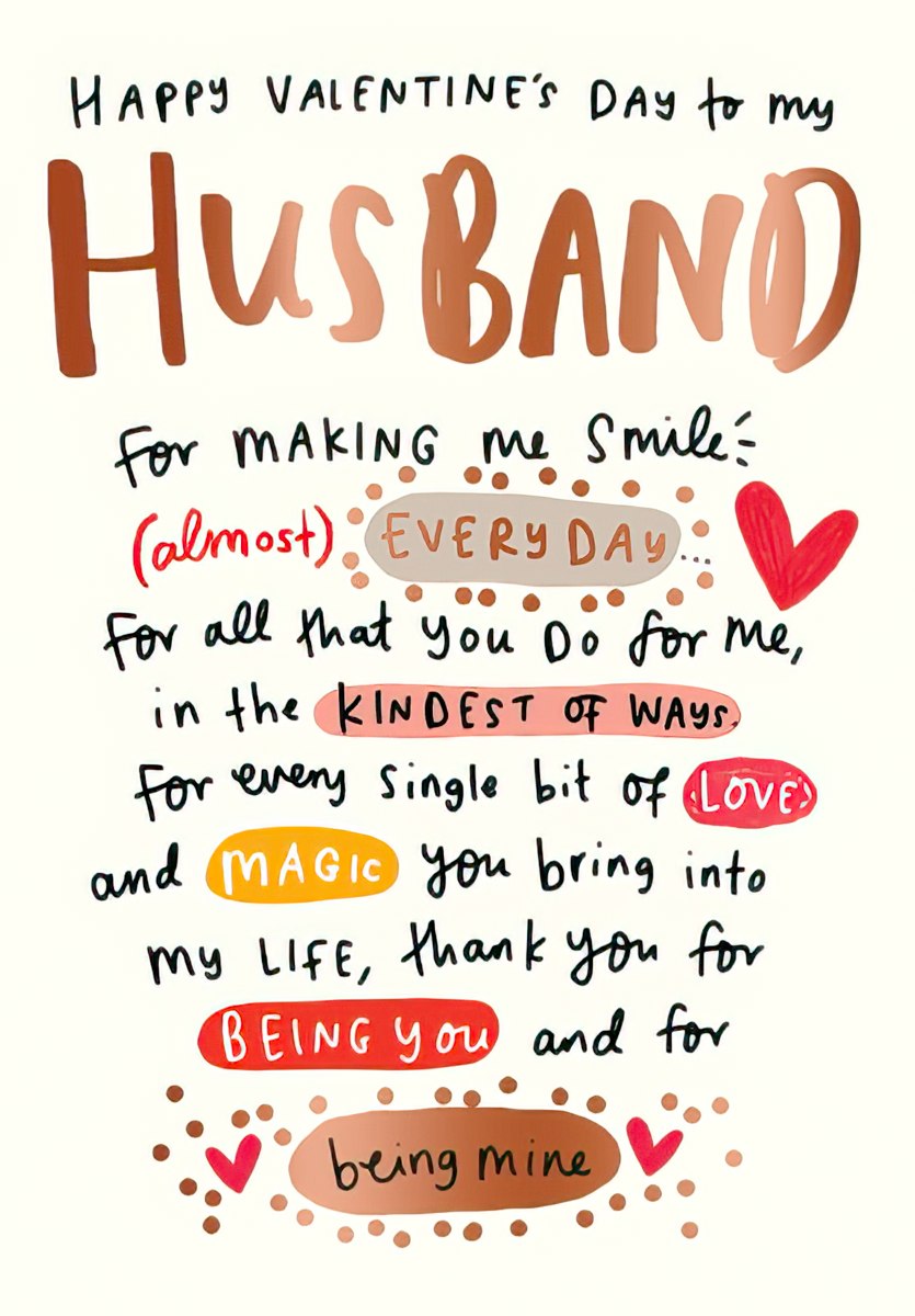 Heartfelt Valentine's Day greeting card for husband, featuring 'Happy Valentine's Day to my HUSBAND' in handwritten style with appreciative romantic text, red hearts, and metallic bronze confetti accents.