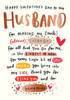 Heartfelt Valentine's Day greeting card for husband, featuring 'Happy Valentine's Day to my HUSBAND' in handwritten style with appreciative romantic text, red hearts, and metallic bronze confetti accents.