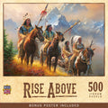 500-piece MasterPieces jigsaw puzzle titled 'Rise Above', depicting Native American men in traditional attire on horseback, riding through an autumn mountain landscape under a dramatic sky, by artist Frank McCarthy.