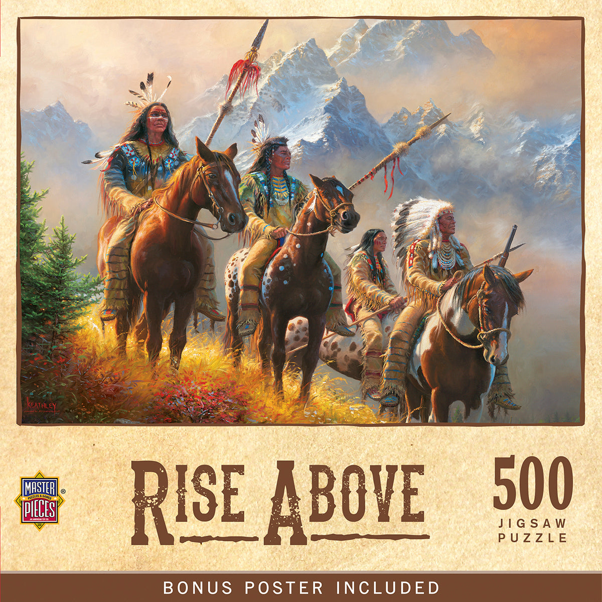 500-piece MasterPieces jigsaw puzzle titled 'Rise Above', depicting Native American men in traditional attire on horseback, riding through an autumn mountain landscape under a dramatic sky, by artist Frank McCarthy.