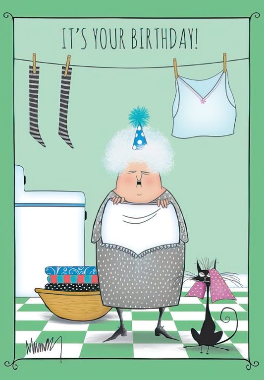 Funny birthday card showing an old woman in a party hat holding up a giant granny panty, with laundry and a cat.
