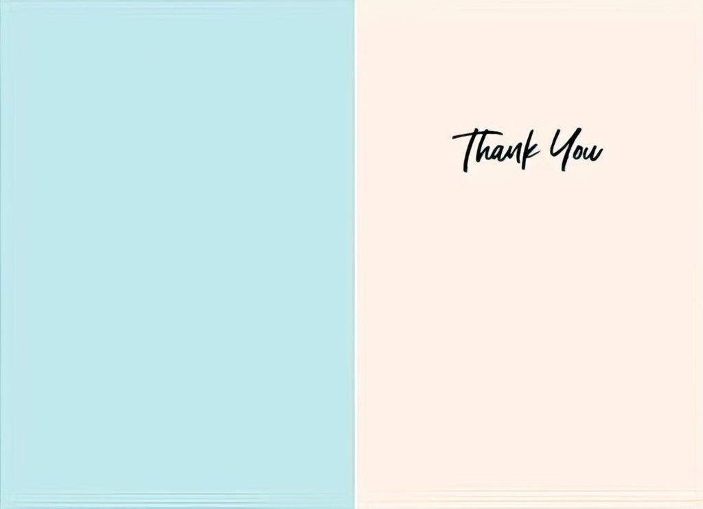 Inside of a thank you greeting card, showing a blank light blue panel on the left and a light pink panel on the right. Elegant script 'Thank You' is printed on the right side, leaving ample space for a personalized, handwritten message.