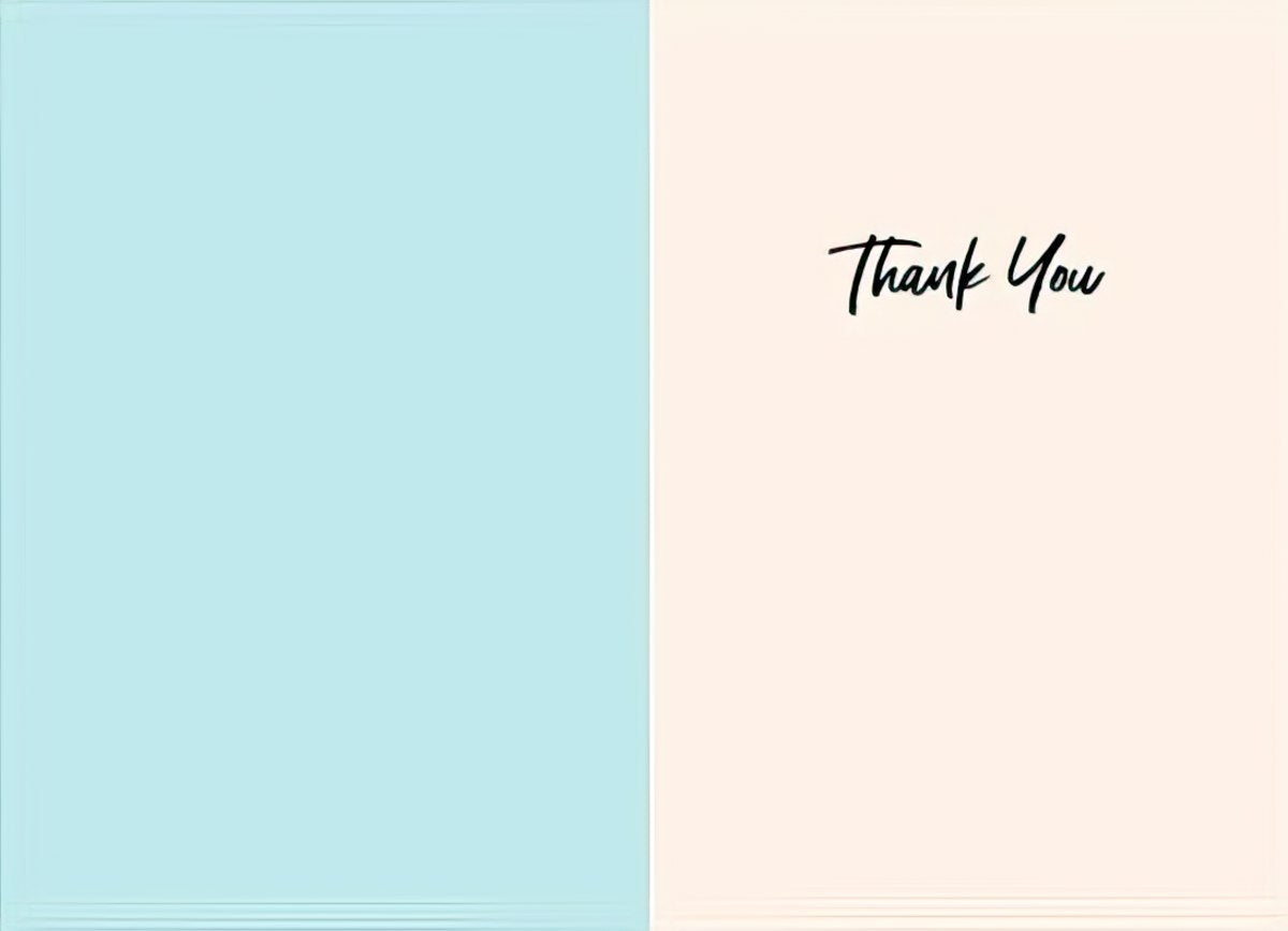 Inside of a thank you card. Left is light blue, right is light pink with 'Thank You' in elegant script.