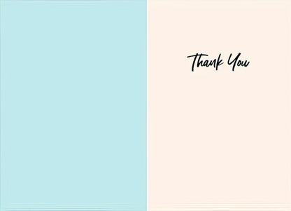 Inside of a thank you card. Left is light blue, right is light pink with 'Thank You' in elegant script.