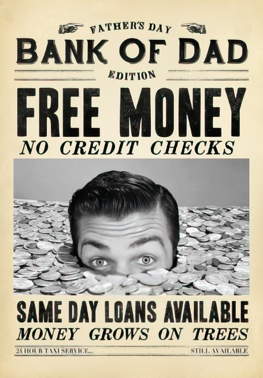 Front of a humorous "Bank of Dad" Father's Day card, vintage style, featuring a man's head emerging from a pile of coins.