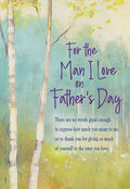 Front of a heartfelt Father's Day card for a husband, featuring a serene watercolor illustration of birch trees and the purple text 'For the Man I Love on Father's Day' with a loving message.