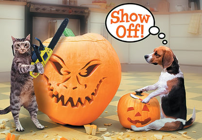 Funny cat with chainsaw carving large pumpkin while a dog carves a smaller one; humorous Halloween scene with 'Show Off!' speech bubble.