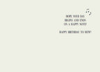 Inside view of a cream-colored greeting card with musical notes, featuring the humorous birthday message: 'HOPE YOUR DAY BEGINS AND ENDS ON A HAPPY NOTE! HAPPY BIRTHDAY TO MEW!'