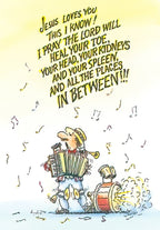 Funny religious get well card front featuring a cartoon accordion player and drum, with humorous prayer 'Jesus Loves You' text for healing.