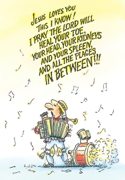 Cartoon of a man playing an accordion with a drum and musical notes, with religious get-well text "Jesus Loves You... I Pray The Lord Will Heal Your Toe, Your Head..."