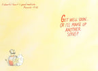 Humorous religious greeting card inside with text 'A cheerful heart is good medicine. Proverbs 17:22' and 'Get well soon... or I'll make up another song!', featuring a small bass drum illustration.