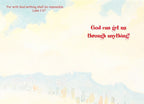 Inside of a Christian support greeting card with a light blue and yellow painted sky background and faint outlines of people. Red text reads 'For with God nothing shall be impossible. Luke 1:37' in the top left and 'God can get us through anything!' in the center right.