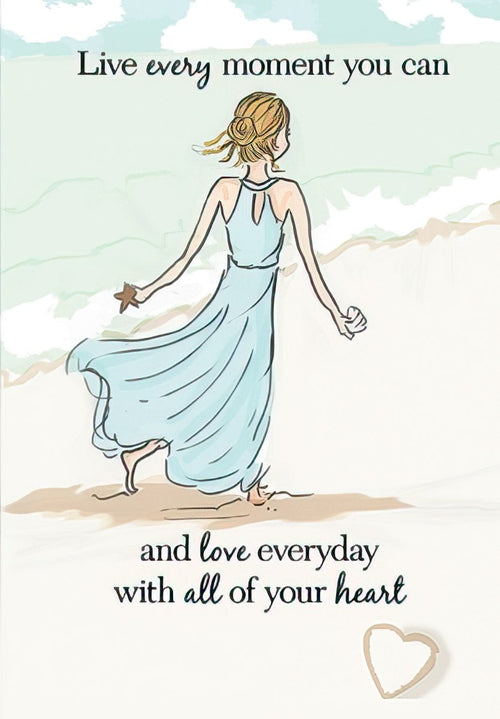 Inspiring watercolor greeting card featuring a woman in a light blue dress walking on a beach, with text 'Live every moment you can and love everyday with all of your heart'.