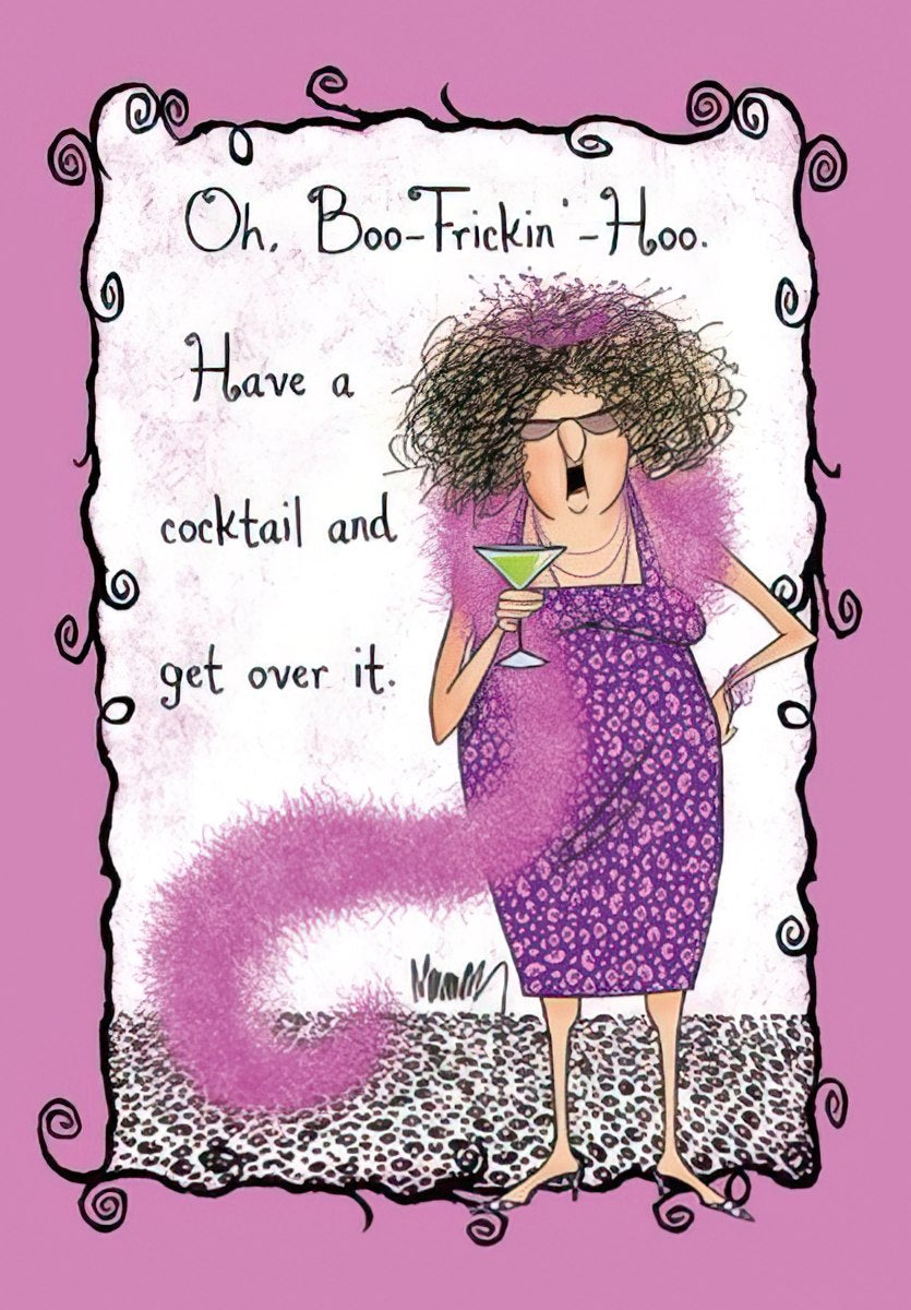 Funny birthday card for her with a sassy cartoon woman in sunglasses, a purple leopard print dress, and pink boa, holding a martini. Features 'Oh, Boo-Frickin'-Hoo. Have a cocktail and get over it.' text.
