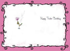 Inside of a sassy birthday greeting card for women, featuring a martini glass with a party hat and sparkles, accompanied by 'Happy Trickin' Birthday' text.