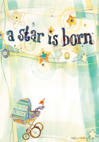 Front of 'Starry Arrival' new baby greeting card with 'a star is born' text, whimsical watercolor stars, and a baby stroller illustration on a pale green and yellow background.