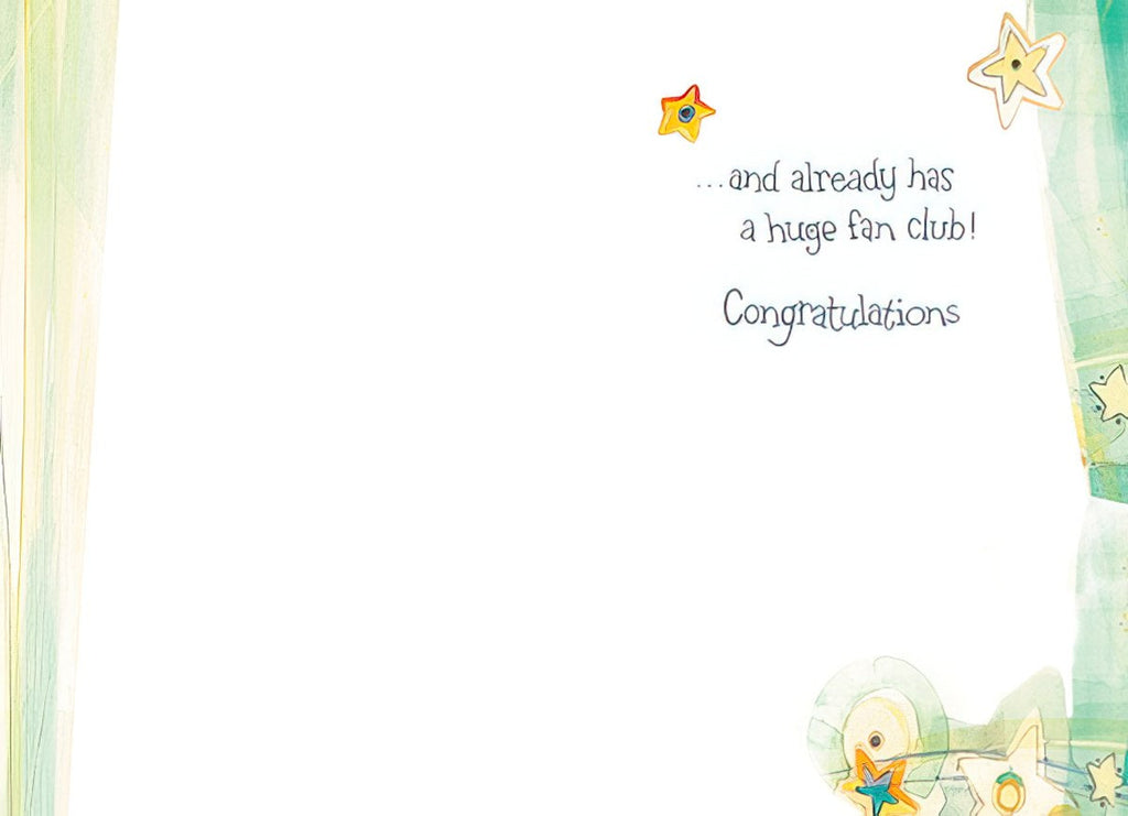 Inside of a 'Congratulations' greeting card with charming stars and text '...and already has a huge fan club!', ideal for welcoming a new baby.