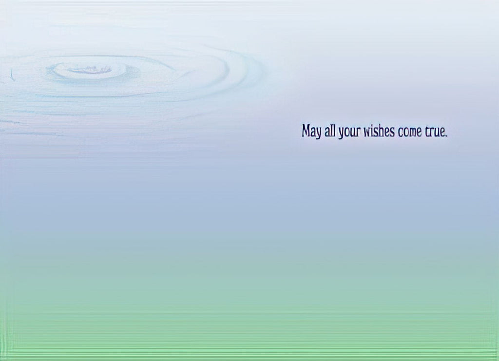 Inside of a magical greeting card with a serene blue and green gradient background. Features the heartfelt message 'May all your wishes come true.', ideal for kids' special moments.