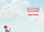Inside a funny birthday greeting card for a male friend, featuring humorous text 'Call it a 'senior moment' and you can get away with pretty much anything! Happy Birthday' with a partial view of the sassy older man.