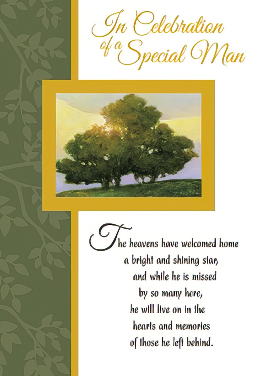 Front of a heartfelt sympathy card featuring a vibrant painting of a sunlit evergreen tree on a hill, framed in gold. Text reads: 'In Celebration of a Special Man' and a poignant message about his memory living on.