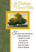 Front of a heartfelt sympathy card featuring a vibrant painting of a sunlit evergreen tree on a hill, framed in gold. Text reads: 'In Celebration of a Special Man' and a poignant message about his memory living on.